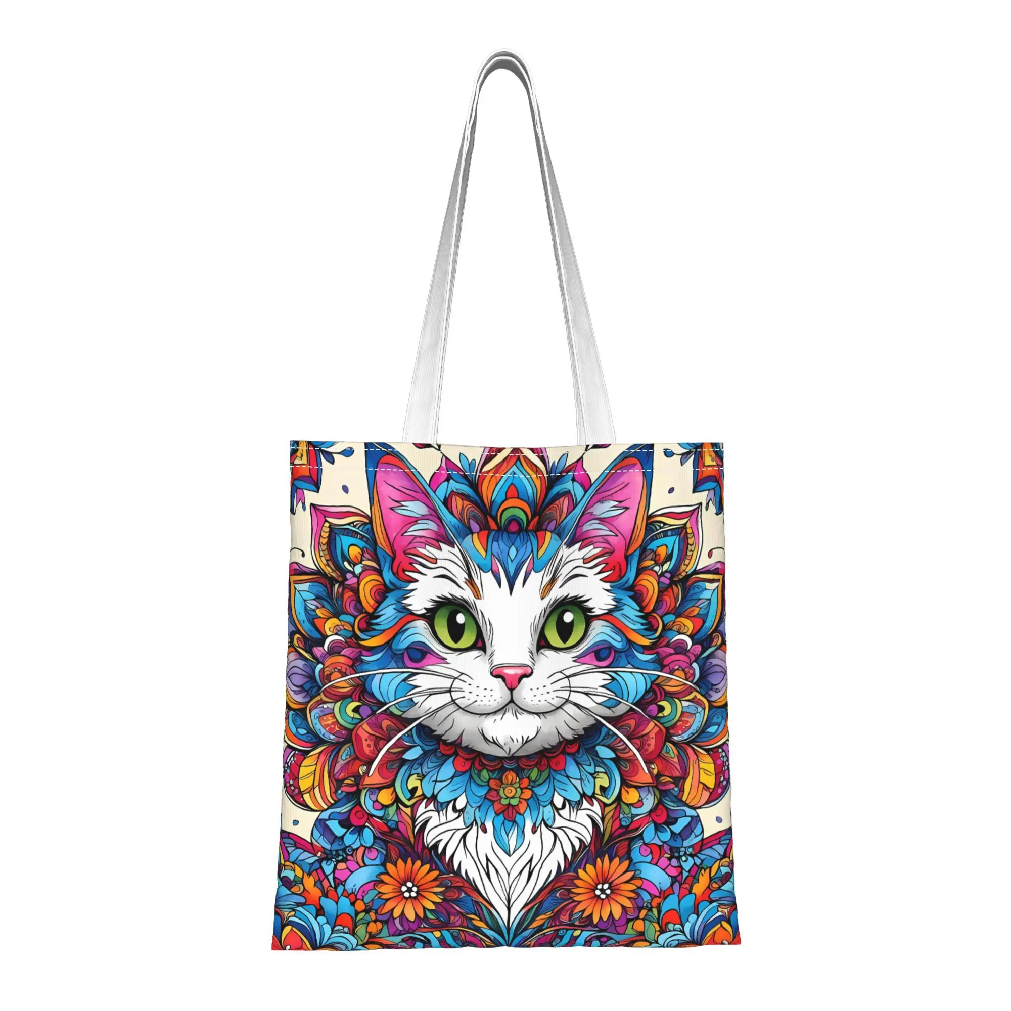 1pc Mandala Style Colorful Cat Print Tote Shopping Bag, Suitable for Daily Use,Shopping,School,Travel,Unique Gift for Cat Lovers