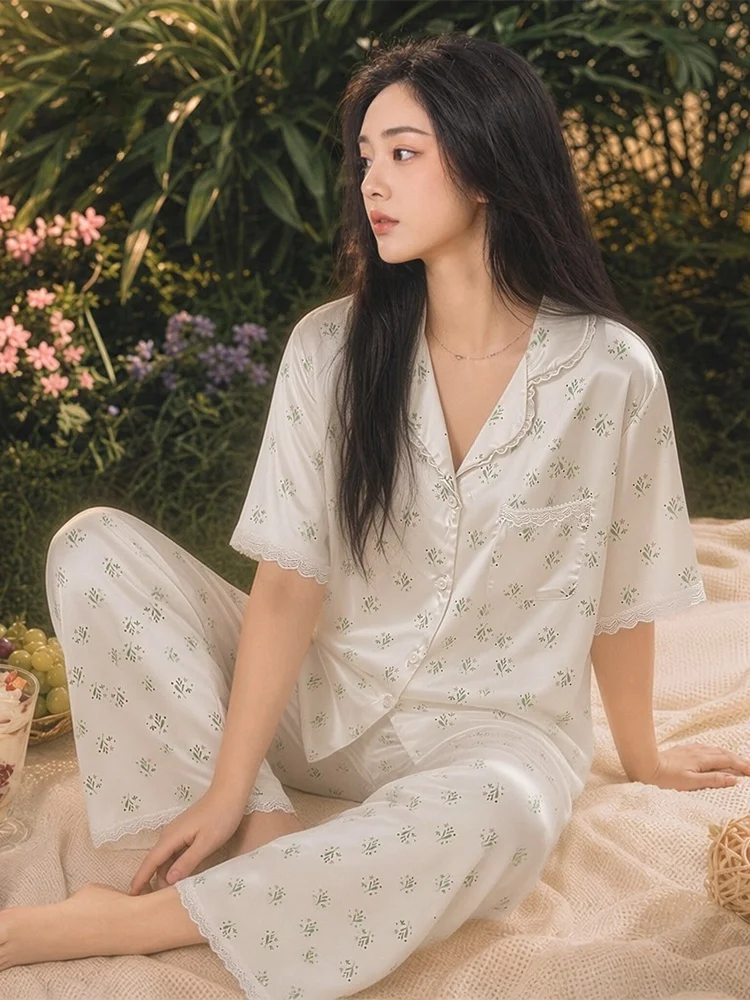 Ice Silk Cactus Ladies Summer Sleepwear Set Short Sleeve Long Pants Home Clothes Outwear Comfortable Breathable Moisture Wicking