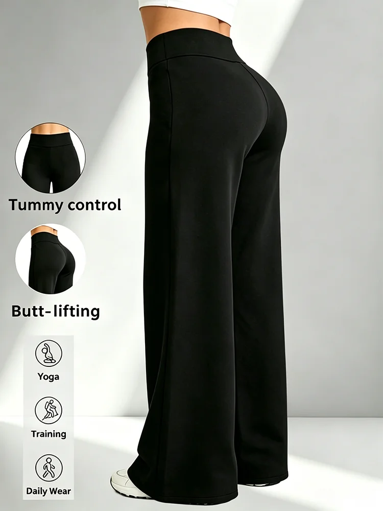 Women's High-Waisted Wide-Leg Workout Pants, Black Classic Yoga Pants, Straight-Leg Jogging Pants, for Fitness and Daily Casual