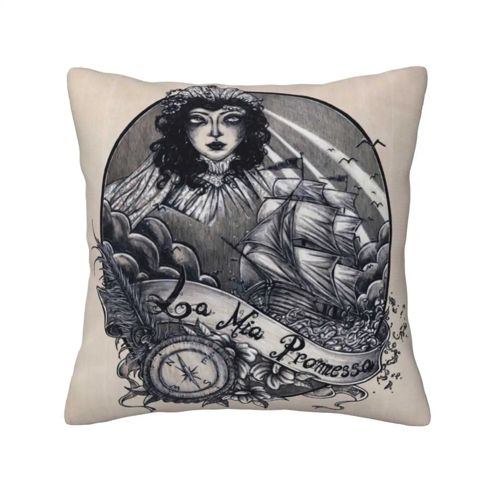 La Mia Promessa Funny Cute Decor Square Pillowcase Illusorya Stefania Russo Tattoo Tatuaggio Traditional Old School Sailor