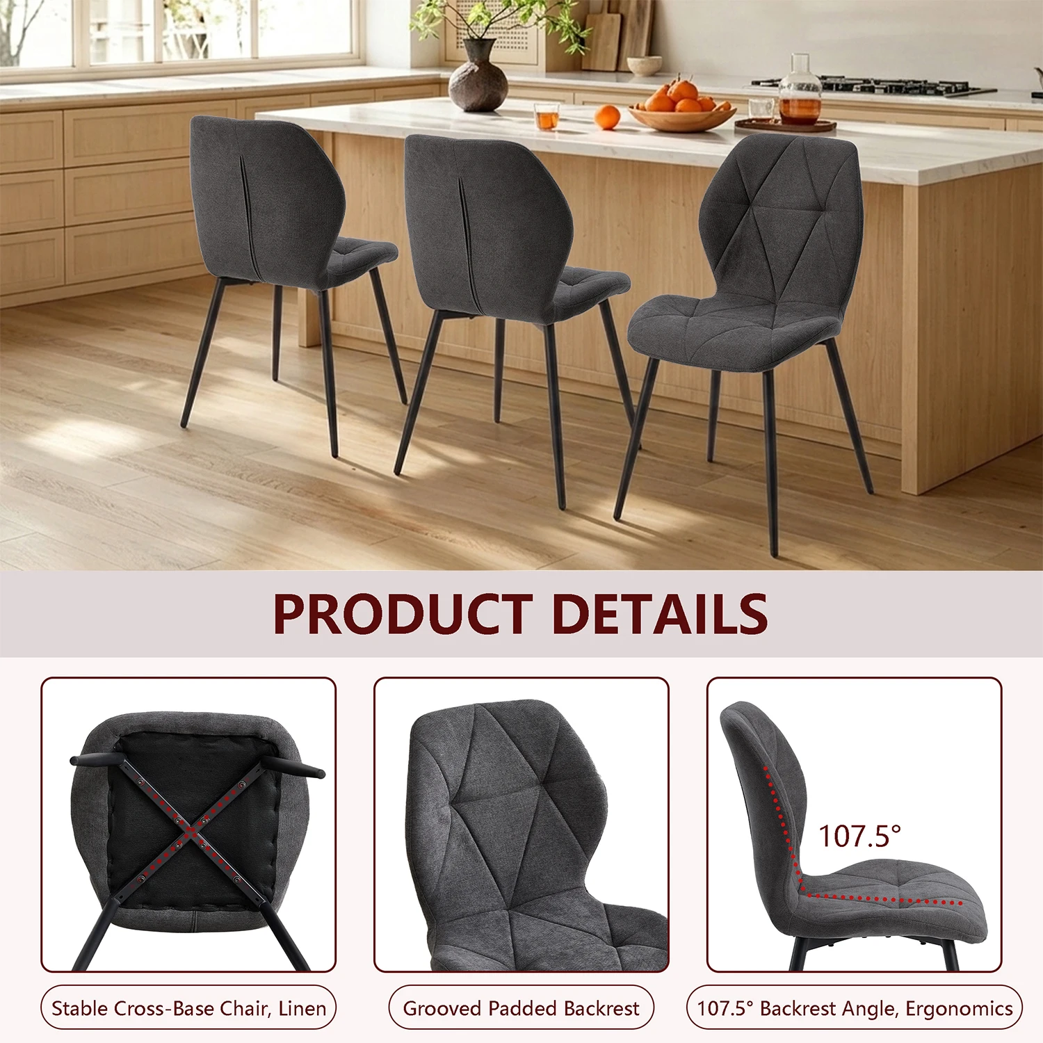 GrandCA HOME Set mit 2/4/6 modernen Esszimmerstühlen, gepolstert, mit Leinenstoff bezogen, minimalistische Bürostühle für Küche und Esszimmer – Detail 15