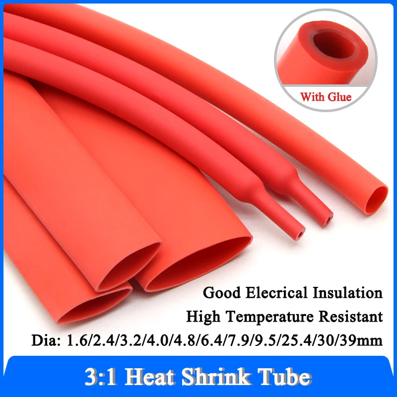 1~20M 3:1 Red Heat Shrink Tube Glue 1.6/2.4/3.2/4.0/4.8/6.4/7.9/9.5/25.4/30/39mm Cable Repair Shrinkable Thermoresistant tube