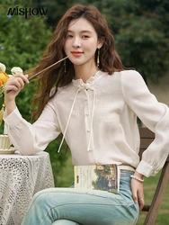 MISHOW Chinese Button Up Shirt for Women 2024 Spring Embroidered Stand Collar Puff Sleeve Single Breasted Loose Tops MXD15X1444