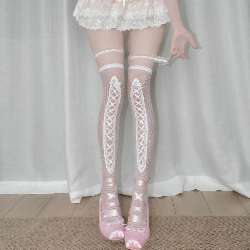 Ladies White Lace Edge Over Knee Stockings Japanese Lolita JK Anti-slip Thigh High Long Sheer Silk Socks Cute Uniform Hosiery