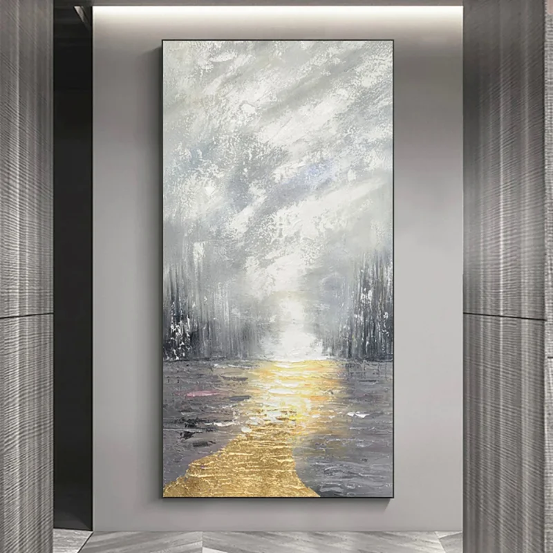 Hand Painted Abstract Gold Foil and Grey Oil Painting, Thick Textured Canvas Wall Art,Modern Home Decoration Picture, Unframed