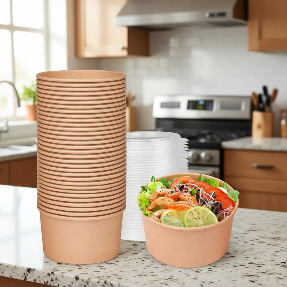 

Набор из 50 одноразовых бумажных суповых мисок объемом 42 унции с крышками, идеально подходят для больших салатов и подачи горячих/холодных блюд