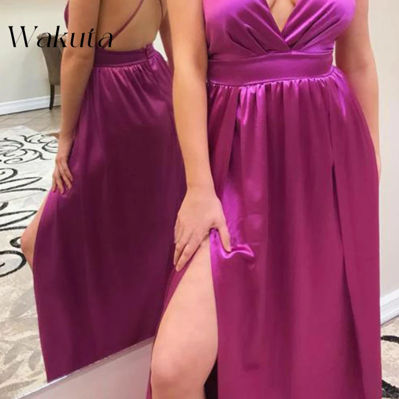 Wakuta Fashion Sexy Deep V Neck Strapless Simulated Silk Maxi Vestidos Elegant Backless Slim Floor-length Cocktail Party Dresses