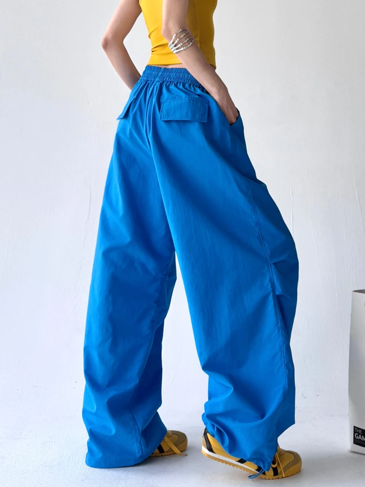 Spodnie damskie na wiosnę i lato 2025, szerokie nogawki, luźne, w stylu hip-hop, spodnie spadochronowe, retro, plisowane, proste, codzienne.