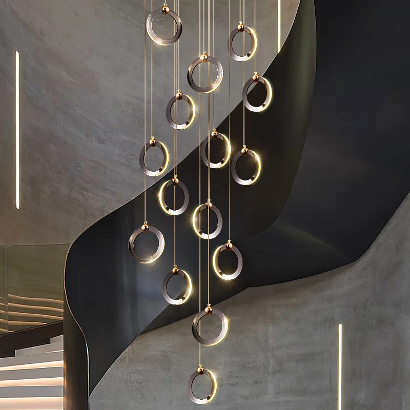 

Black LED Chandelier Round Staircase Long Branch Chandelier Modern Design New Luxury Nordic Villa Living Room Hanging Lights