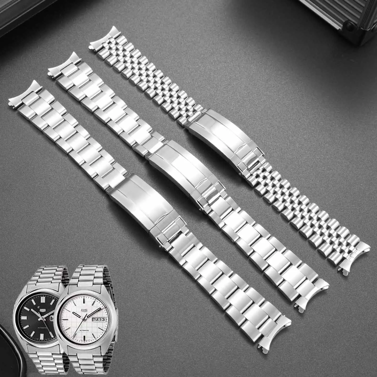 精製鋼時計ストラップ-セイコー-5-nxs73k1-snxs75-snxs77-snxs7-時計バンド-アークカーブブレスレットチェーン-18mm-19mm-ジュビリー-オイスターに適合