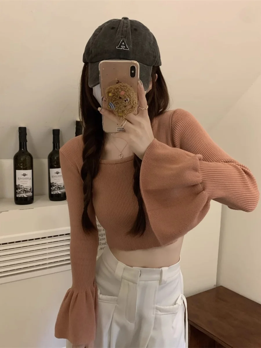 Women's Knitted Sweater with Drawstring High Waist Bell Sleeve Square Collar Short Style Inner Wear Top for Autumn Winter view 4