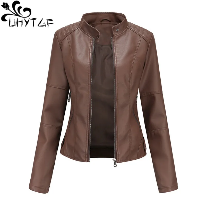 

UHYTGF Jacket For Women Fashion Zipper Thin High-End PU Leather Jacket Female Black Biker Spring Autumn Leather Coat Ladies 2654