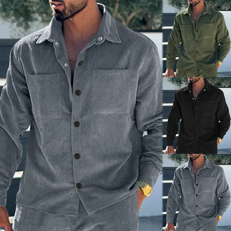 

2025 New Fashion Men's Long Sleeve Turn-down Collar Pocket Solid Color Casual Trendy Slim Shirts Male Corduroy Coat Clothes Tops
