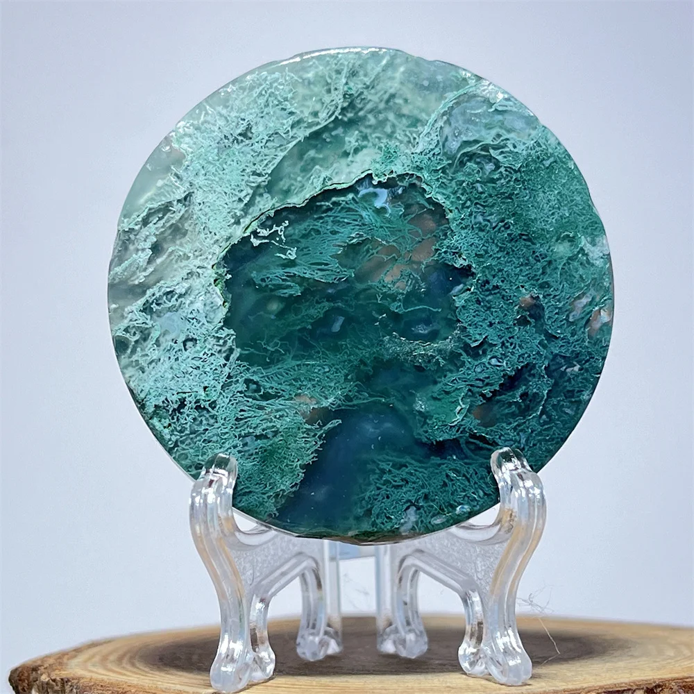 Crystal Natural Moss Agate Slab Slice Stone Quartz Reiki Carving Healing Mineral Specimen Home Stone Decoration Energy +Stand