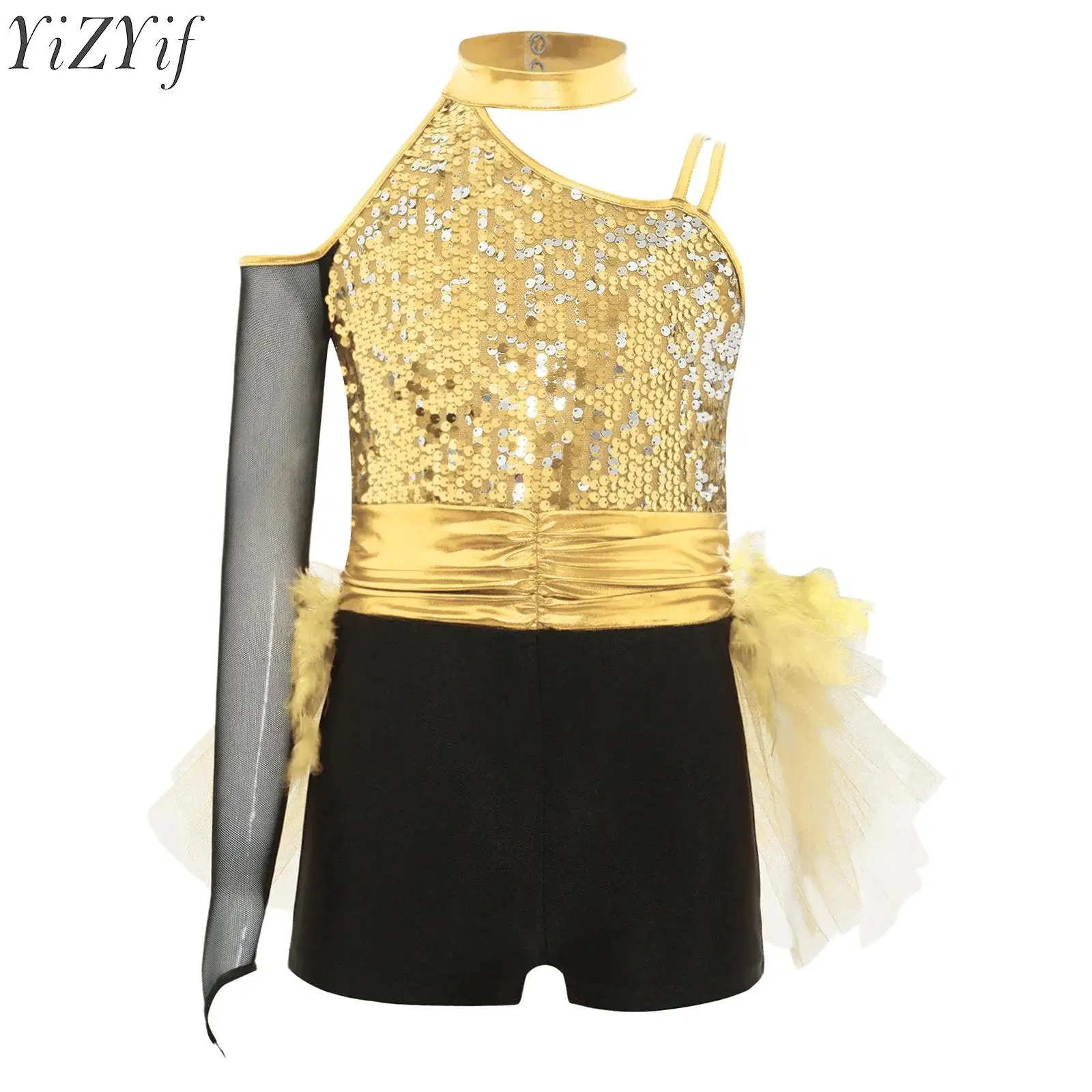 

Kids Girls Latin Jazz Dance Dress Performance Costumes Sequins Feather Tulle Skirted Leotard Ruched Waist Asymmetrical Jumpsuit