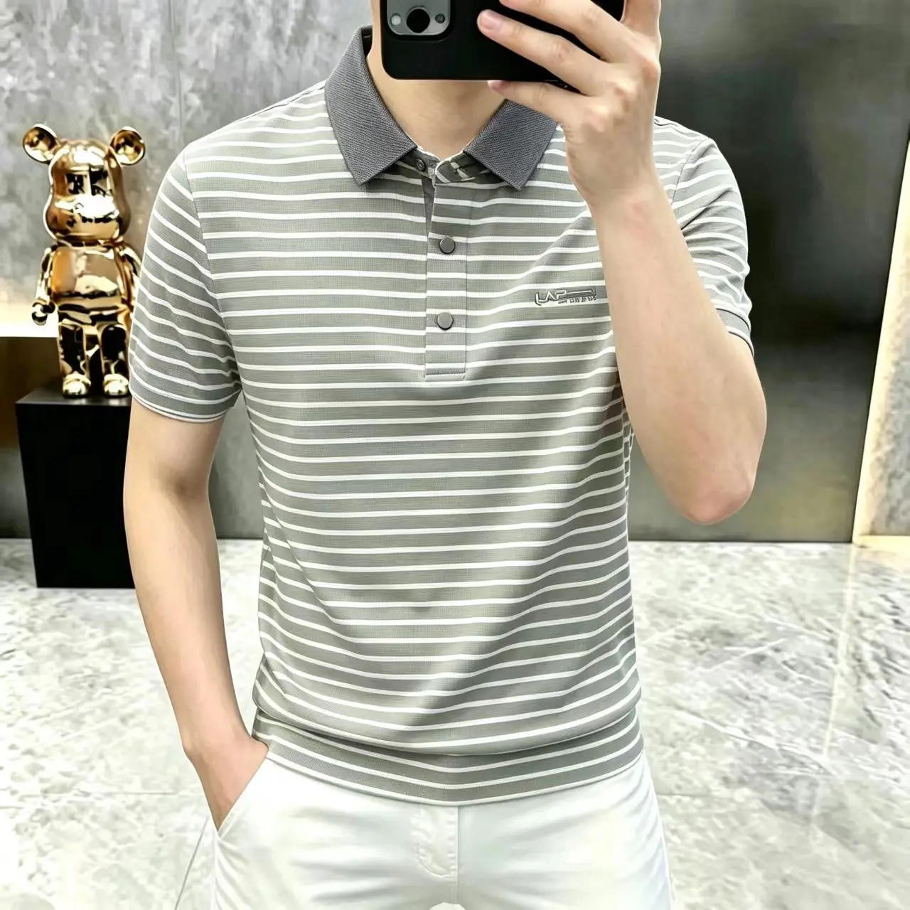 2026 Summer Men's New Style Anti-Static Silk-Feeling Striped Fashion Casual Polo Shirt Collar T-shirt — купить у AliExpress WW