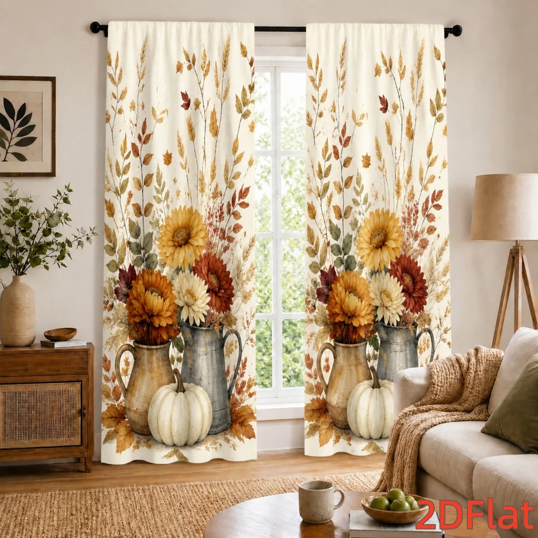 2PCS Digital Print Curtains, Vintage Pitcher Sunflower White Pumpkin Flower Pattern, Beige Watercolor Style for Living Room ／