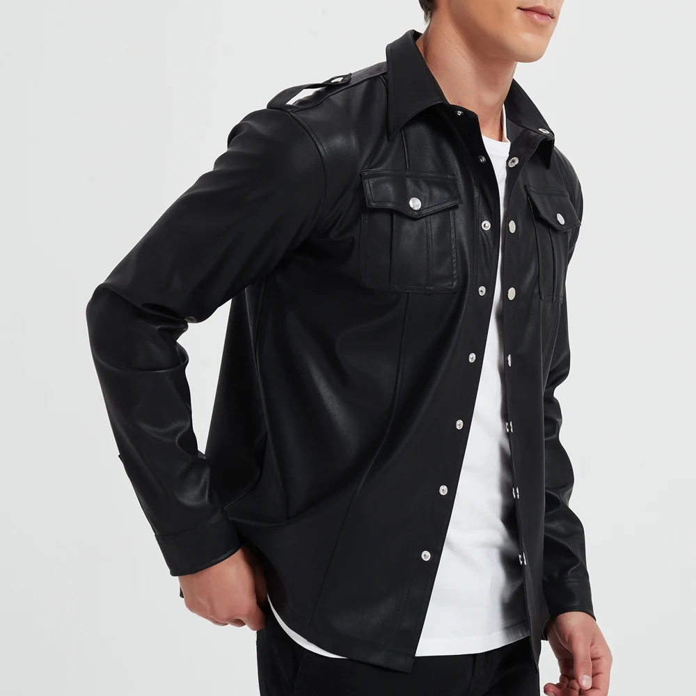 Men's Fashion PU leather shirt Elastic PU leather Police shirt long sleeve