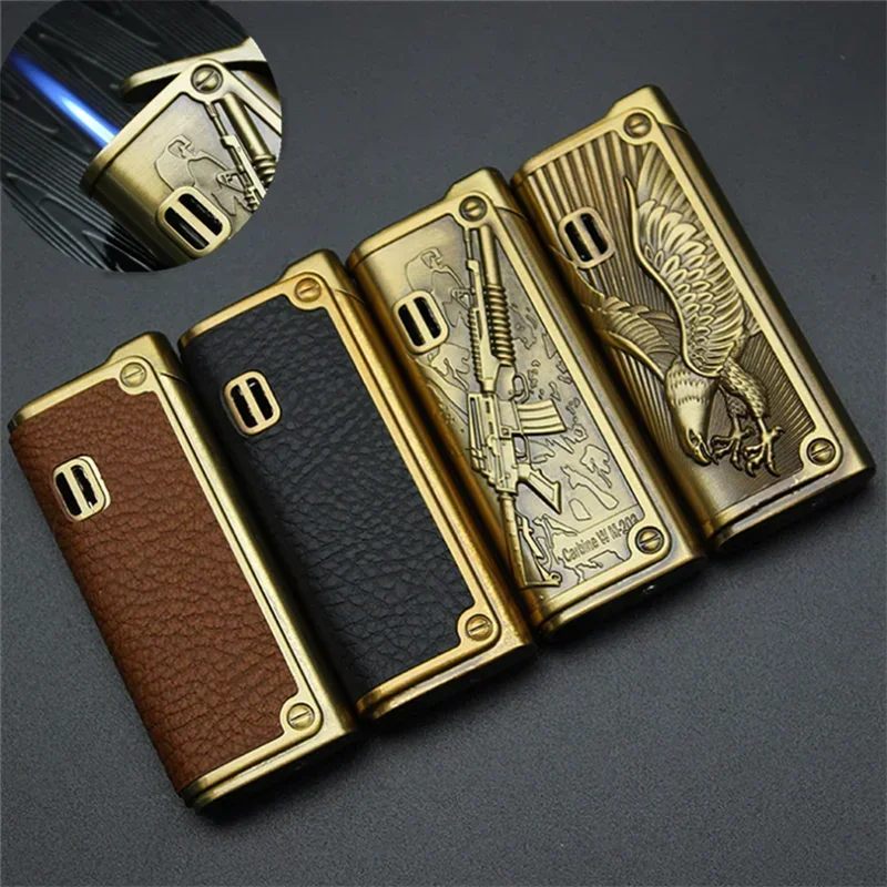 

Windproof Leather Embossed Cigar Punching Inflatable Lighter Jet Flame Torch Embossed Outdoor Portable Lighter Men's Gift