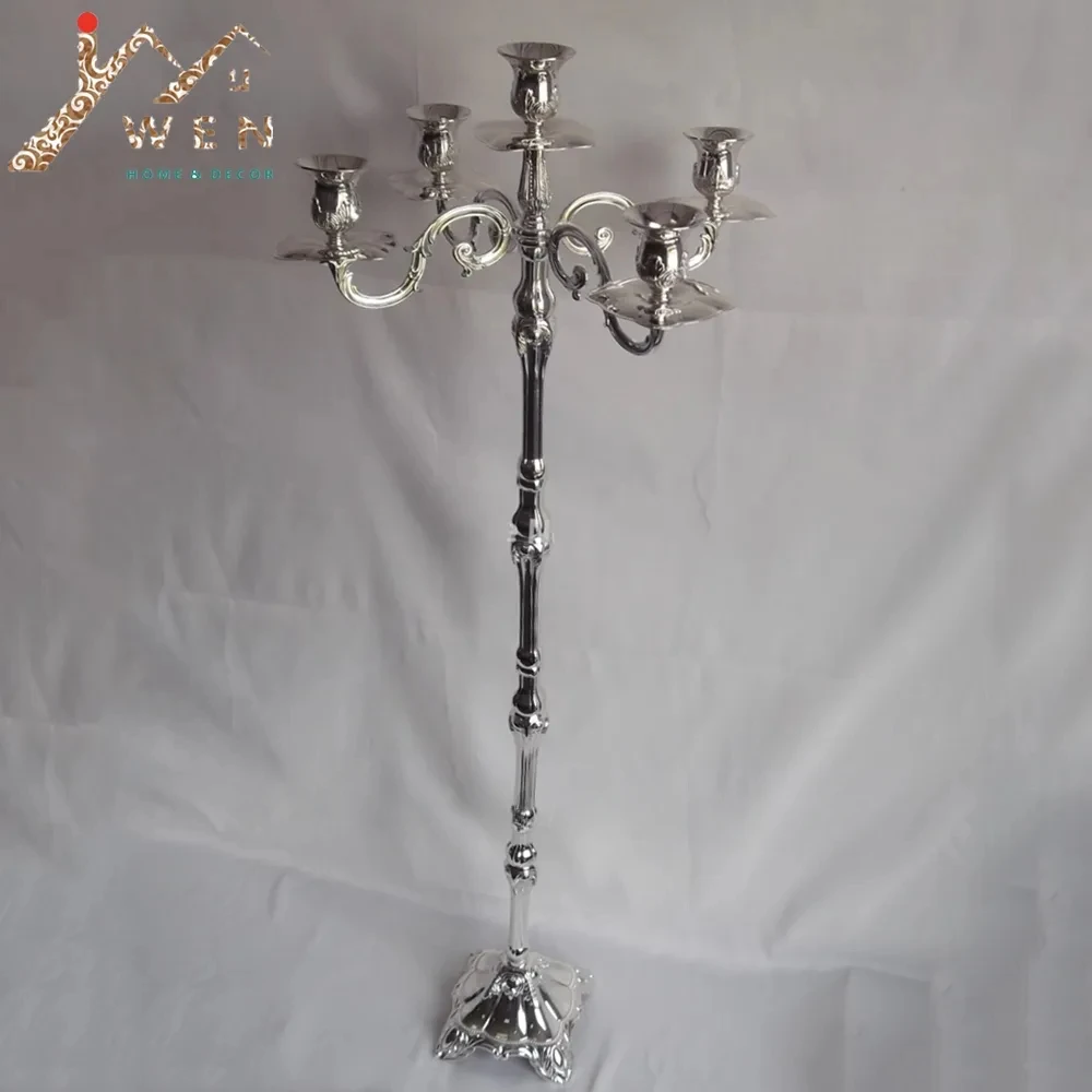 

High quality shiny silver plated 103cm 5-arms metal centerpiece candelabra, decorative candle holder, wedding candlestick