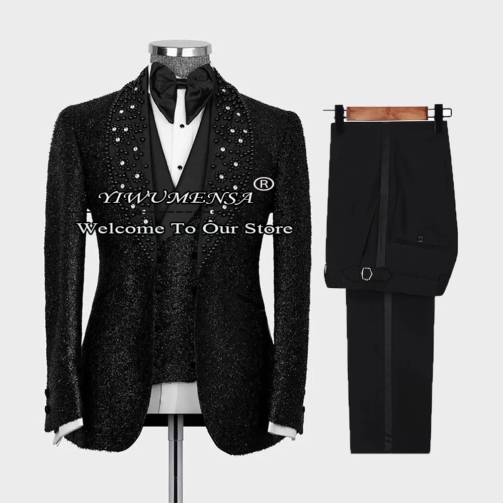 

Luxury Wedding Suits For Men Sparkly Sequins Blazer Sets Black Satin Crystals Beads Lapel Jacket+Vest+Pants Groom Tuxedo Dresses