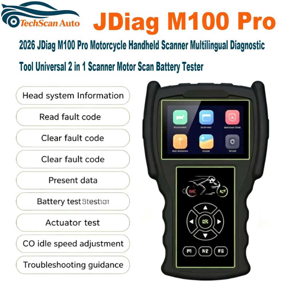 2026 JDiag M100 Pro Motorcycle Handheld Scanner Multilingual Diagnostic Tool Universal 2 in 1 Scanner Motor Scan Battery Tester