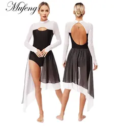 Women Modern Lyrical Dance Dress Ballet Gymnastics Leotard Sleeveless Split Sheer Dress Contemporary Stage Performance Dancewear