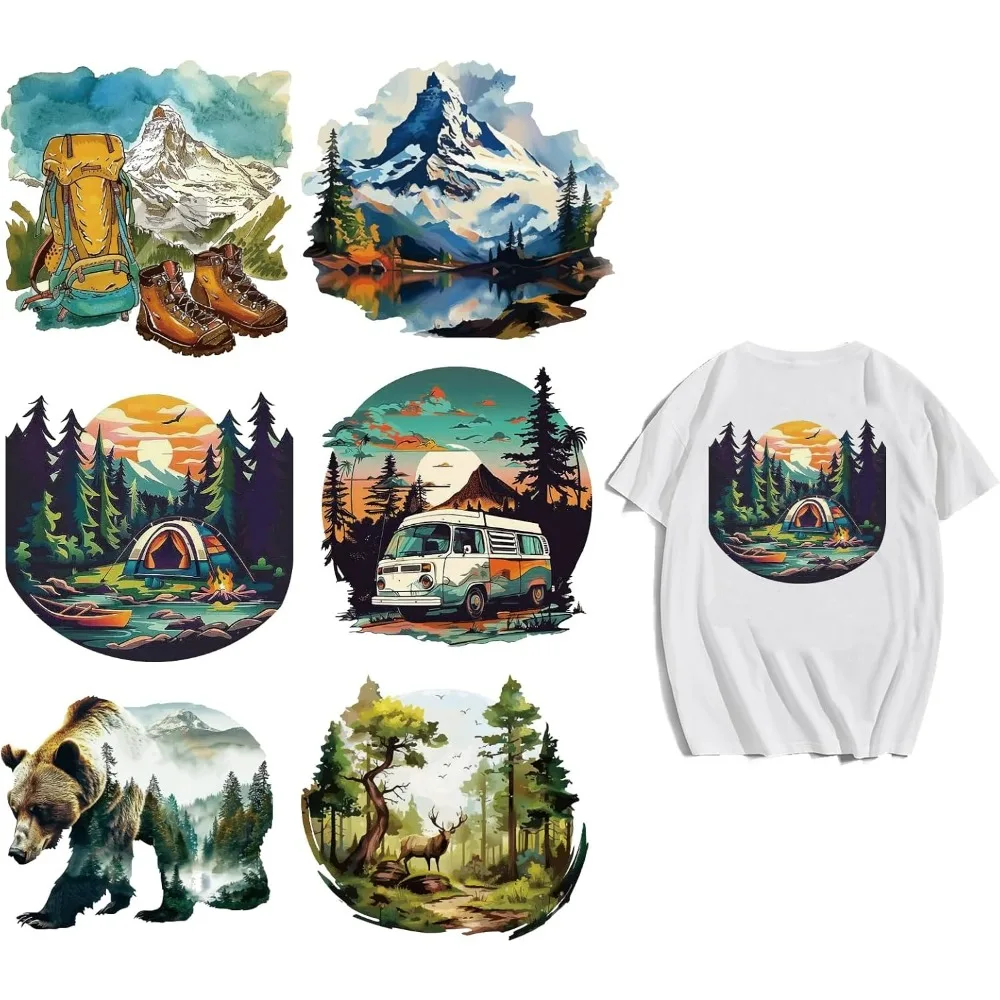 6 Sheets Adventure Iron on Decals Patches Shoes Bag Camping Car Iron on Stickers Mountain Forest Heat Transfer making kit