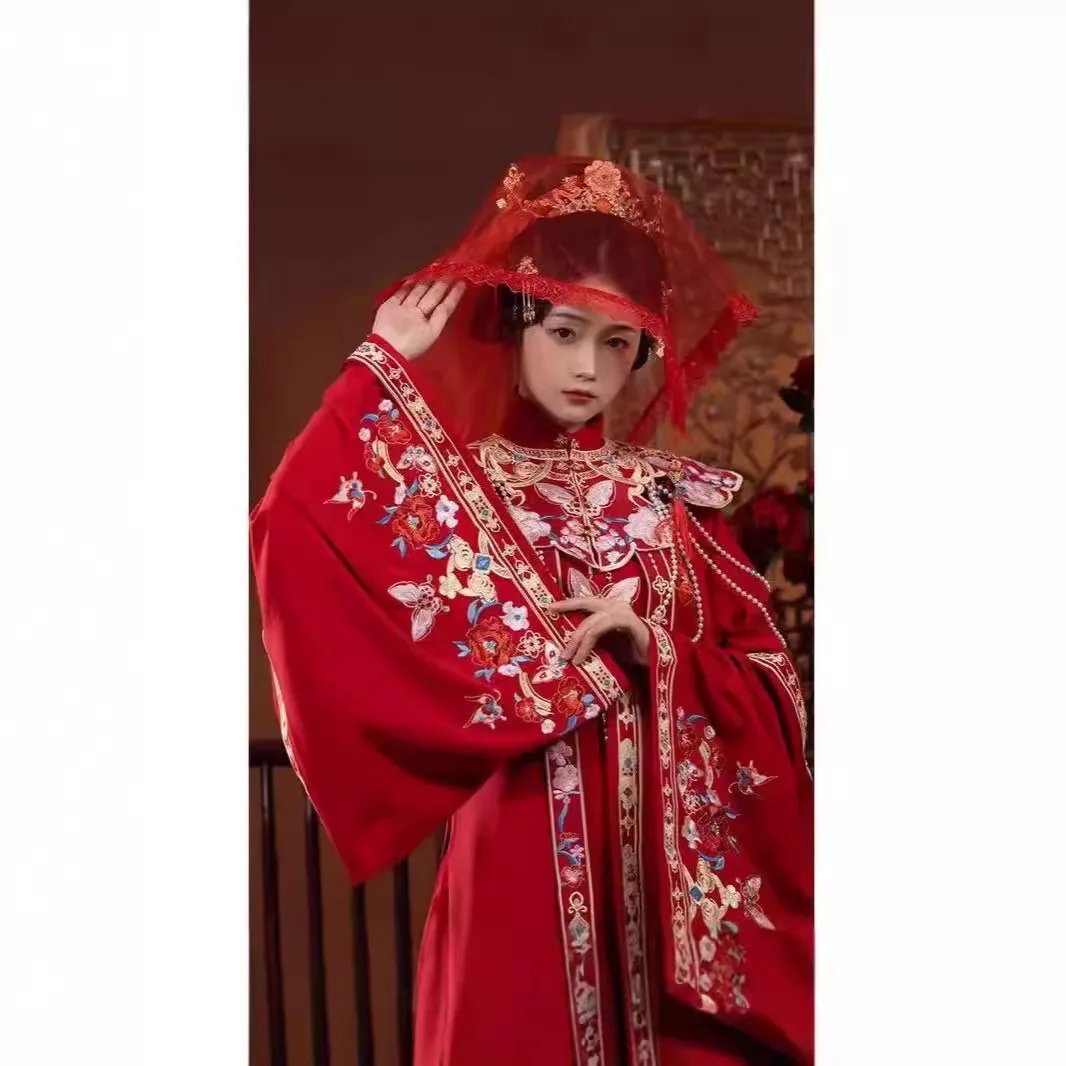 

New Machine Embroidery Flower Wedding Ming System Clothes Women's Han Chinese Clothing Neck Cloud Shoulder Spring and Autumn