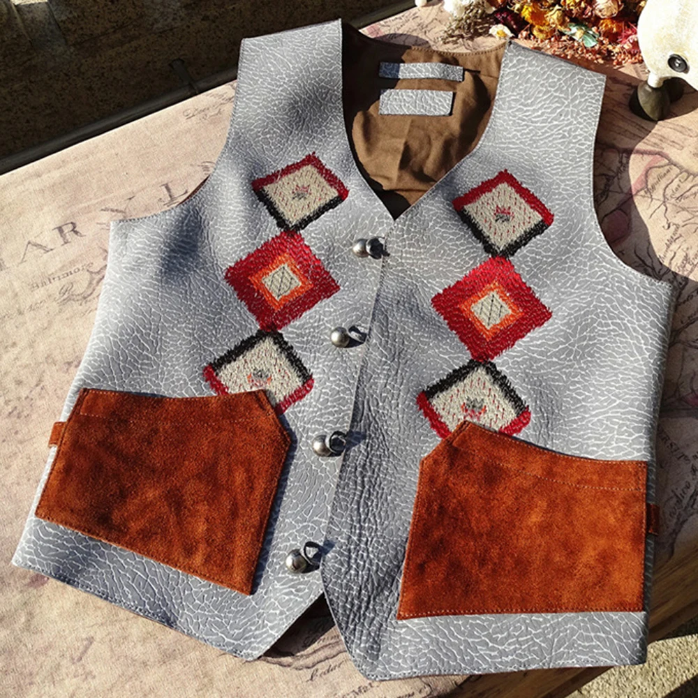 

Suede - Trim Headwoven Jacquard Vest Women Men American Western Cowhide Vest Coat Man Woman Cow Leather Waistcoat Summer