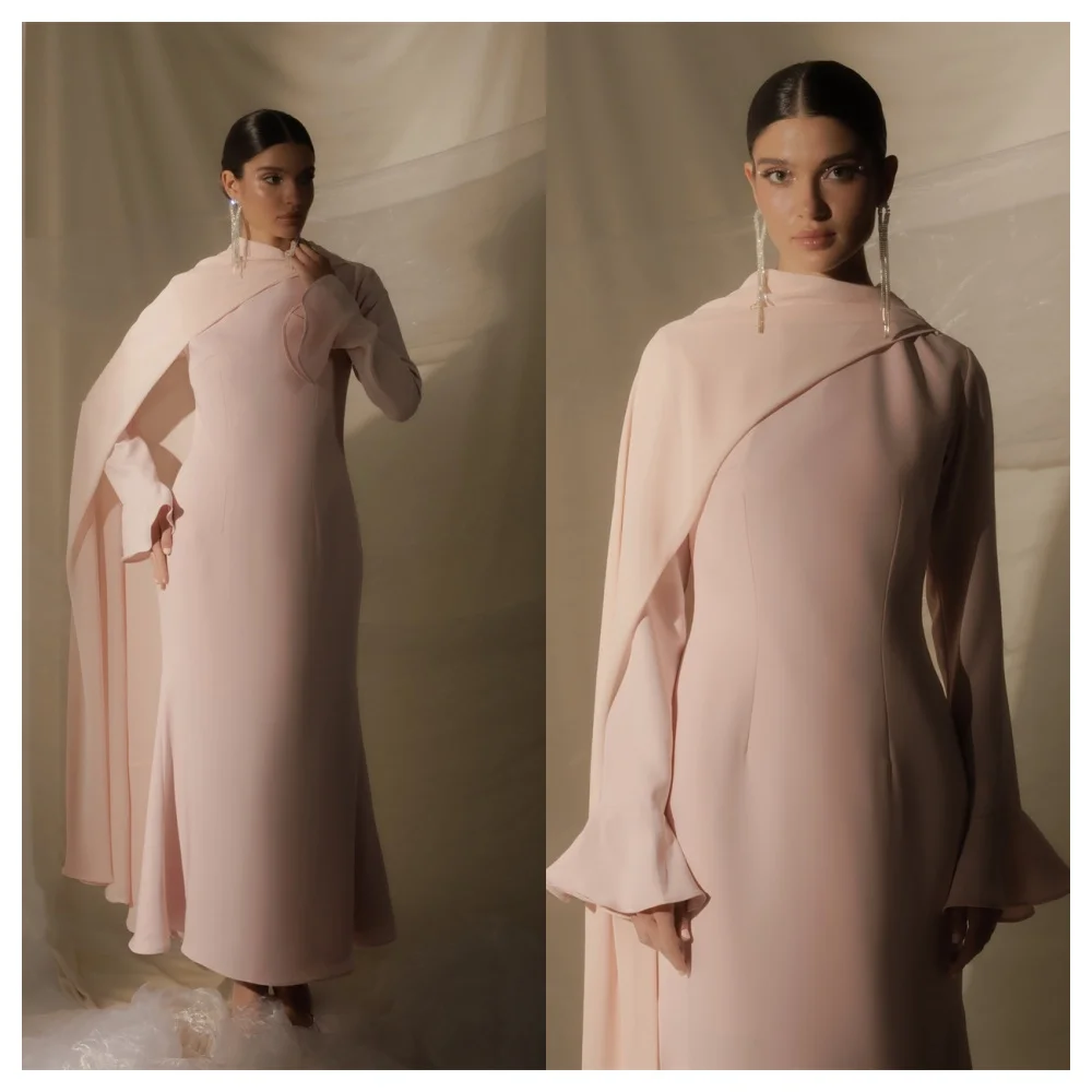 Customized  Simple Pink Jersey Evening Dress Temperament Crew Neck Long Sleeves Party Dress Modern Ankle Length Celebri image 2