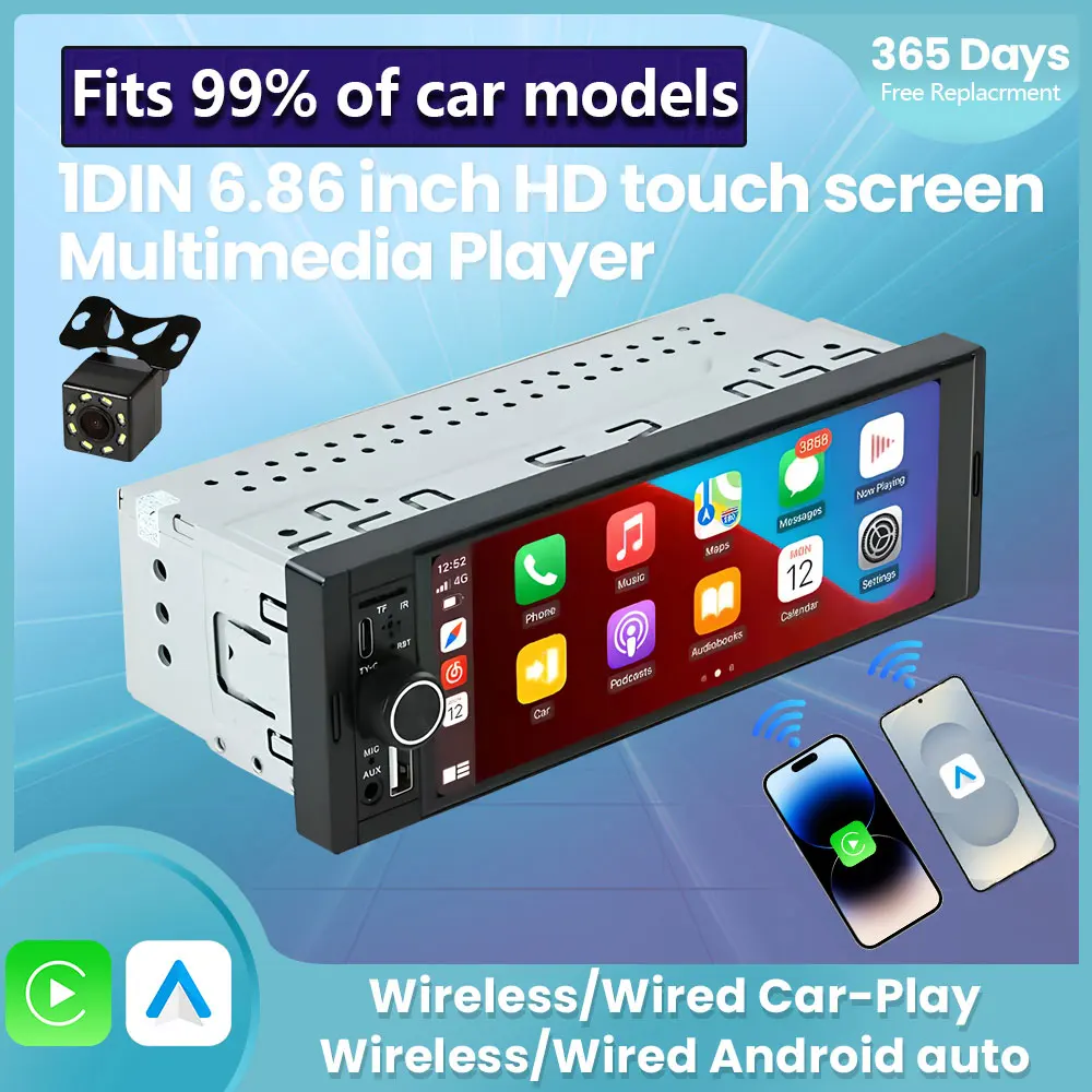 

Plug and Play 1Din Wireless CarPlay Android AUTO HD сенсорный экран Универсальный 6,86-дюймовый автомобильный радиоприемник FM-стерео MP5 мультимедийный плеер BT