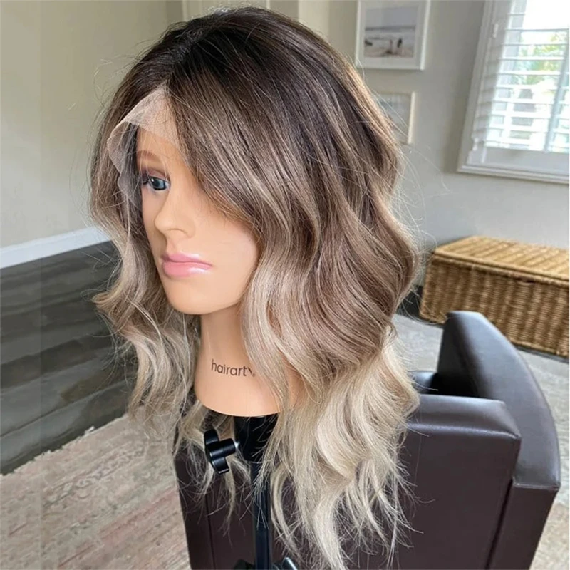 13x6 Ombre Ash Blonde Body Wave Wigs Human Hair Glueless 150 Density Remy Preplucked Highlight Brown Human Hair Wig For Women