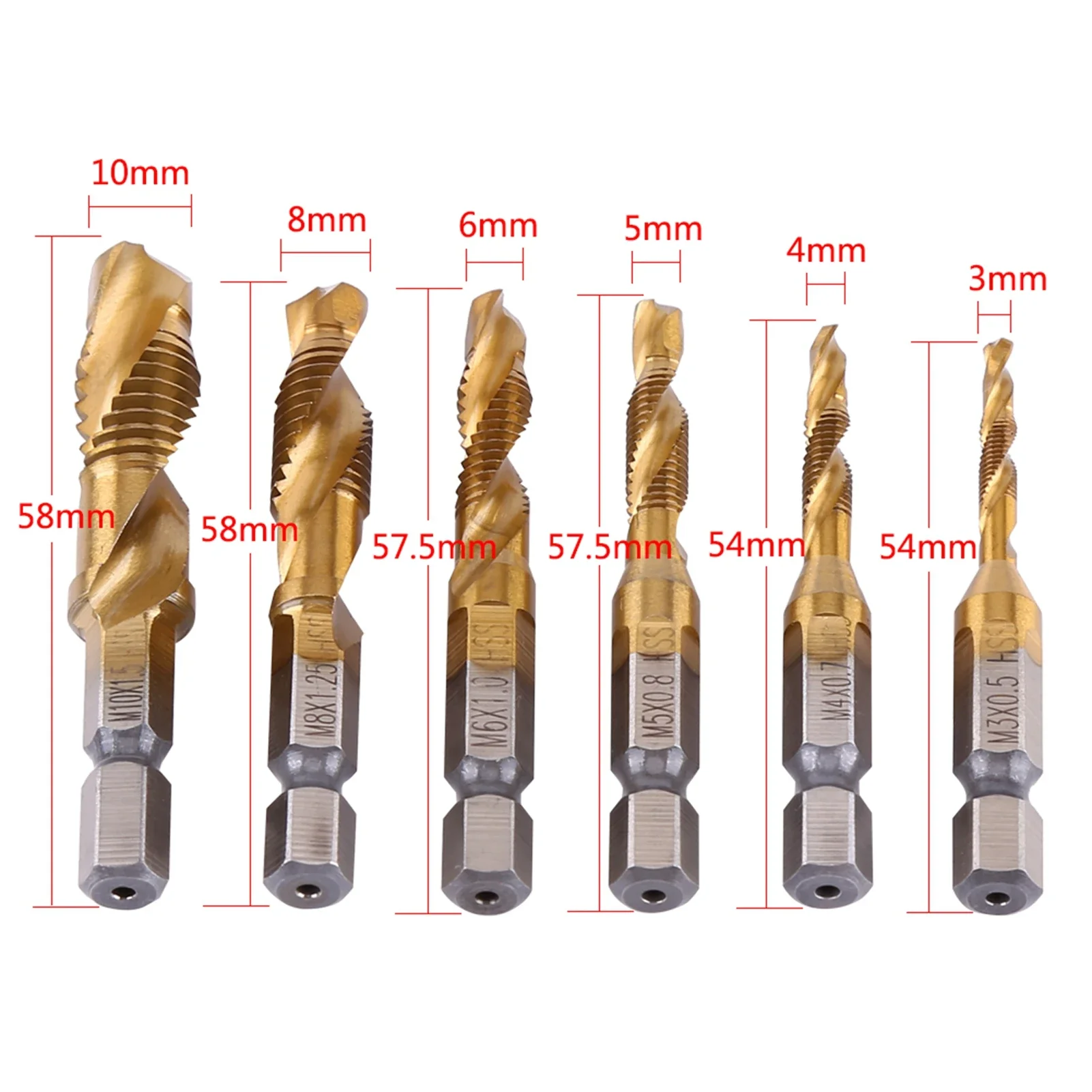 Metric Thread M3-M10 Titanium Coated HSS Drill and Tap Bits 1/4" Hex Shank Screw Taps Tool Set Thread Tap Tool Tapping Tool