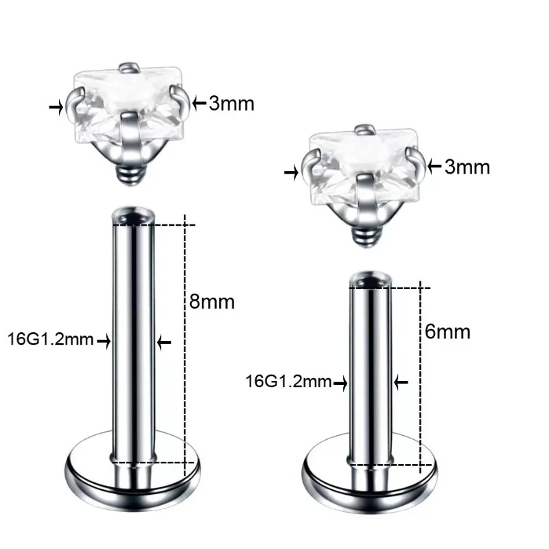 2pcs Stainless Steel Piercing Tragus Stud Earrings, Crystal Labret Small Ear Stud Helix Cartilage Earring for Women Body Jewelry