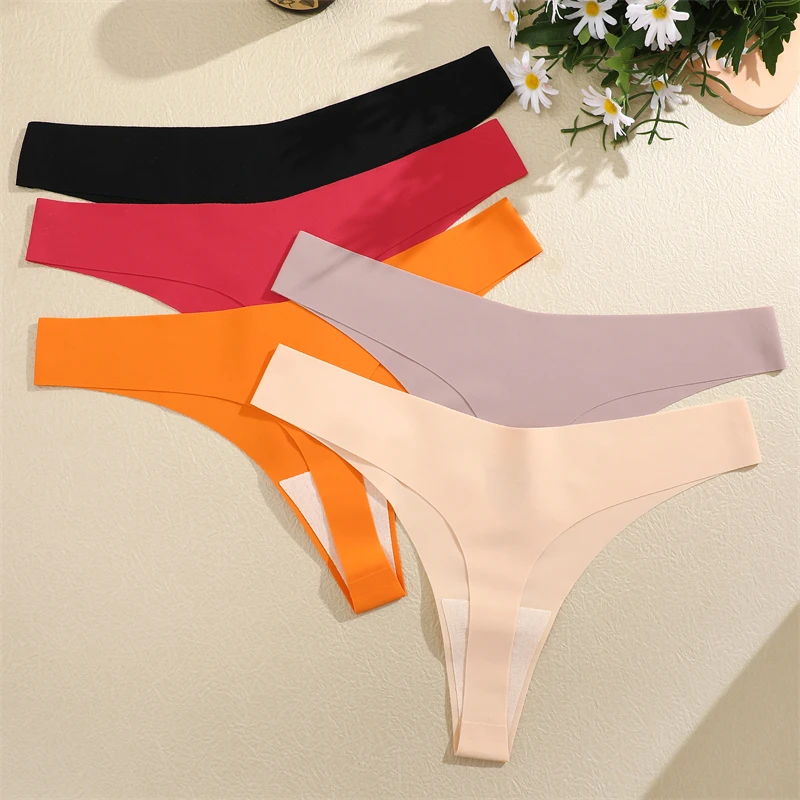 4Pcs Women Seamless Thongs Sexy Breathable Panties Low-Waist Solid Underwear Female Stretch G-string Invisible T-Back Lingerie