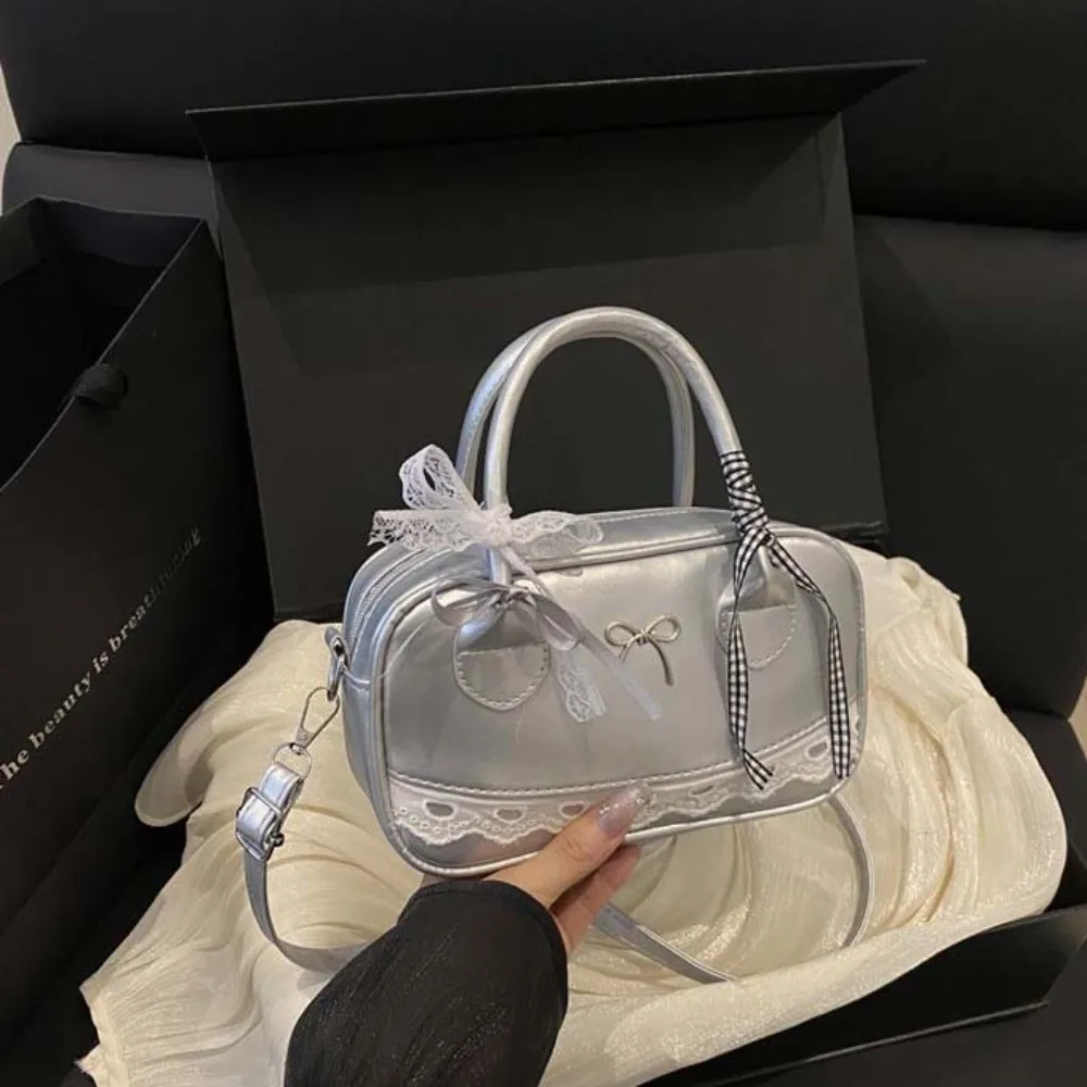 كل مباراة بو الجلود بوسطن حقيبة يد القوس شريطة من الدانتيل Crossbody البولينج حقيبة الملمس الكورية نمط حقيبة مربعة صغيرة يوميا