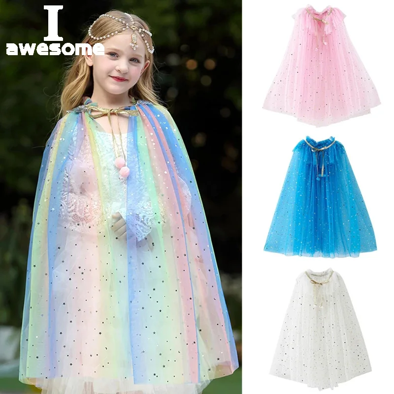 Halloween Costume Girls Rainbow Sequin Princess Shawl Colorful Tulle Cape Cloak Child Fancy Dress Up Mantle Cosplay Kids Clothes