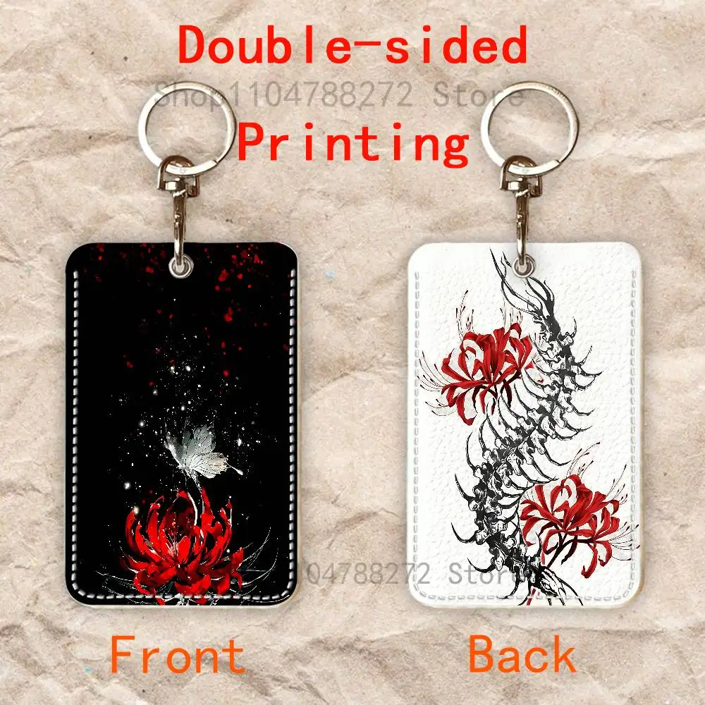 Red Spider Lily Rectangle Card Case Keychain Access Card Bag Key Tag Ring Leather Card Holder Key Ring Access