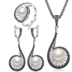 Ajojewel Vintage Pearl Jewelry Set For Women White Pearl Drop Earrings Long Pendant Necklce Luxury Ring Nice Gifts For New Year