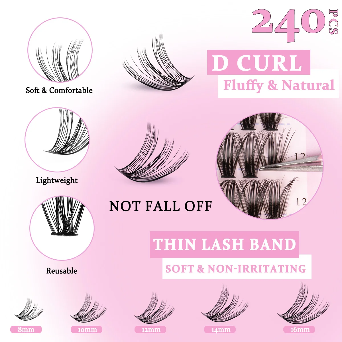 Kit di estensione ciglia fai-da-te Cluster per ciglia Estensione ciglia Kit ciglia individuali con pinzette per rimozione ciglia e guarnizioni