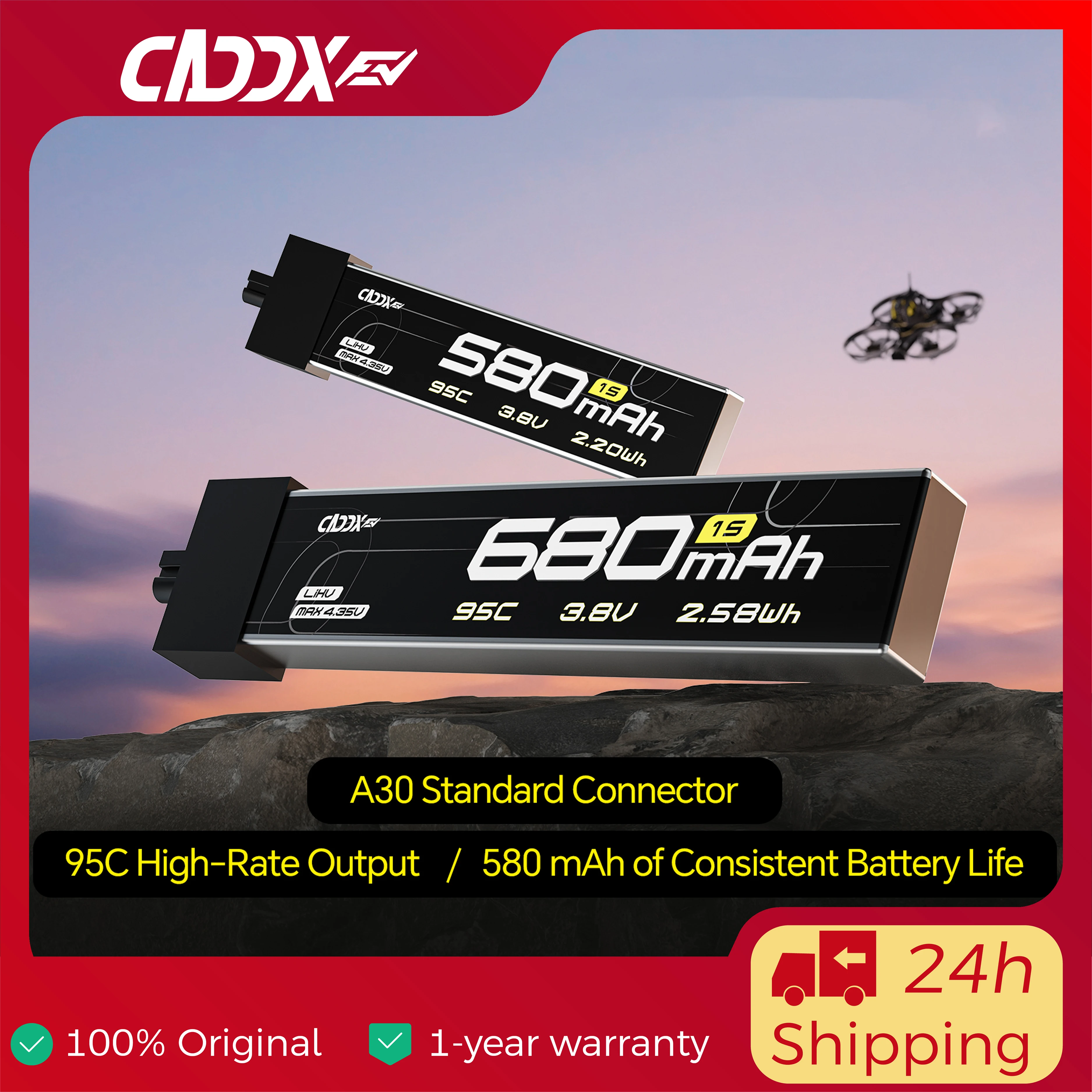 CADDXFPV 1S Battery 580mAh 680mAh 95C A30 Connector CURVE Series for Tiny Whoop FPV Drone Racing Freestyle Micro Quadcopter