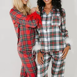 Women's Pajama Set 2 Piece Feather Plaid Underwear Long Sleeve Lapel Button Up Shirt Tops and Pants Sleepwear Sets