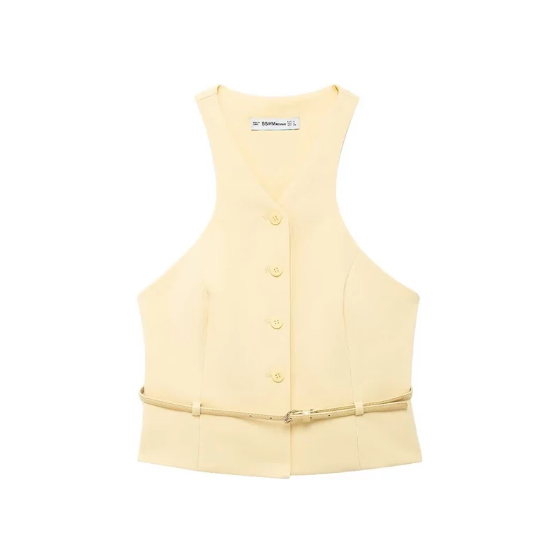 Willshela Women Fashion With Belt Yellow Vest V-Neck Single Breasted Sleeveless Jackets Female Chic Lady Outfit Short Top Tank