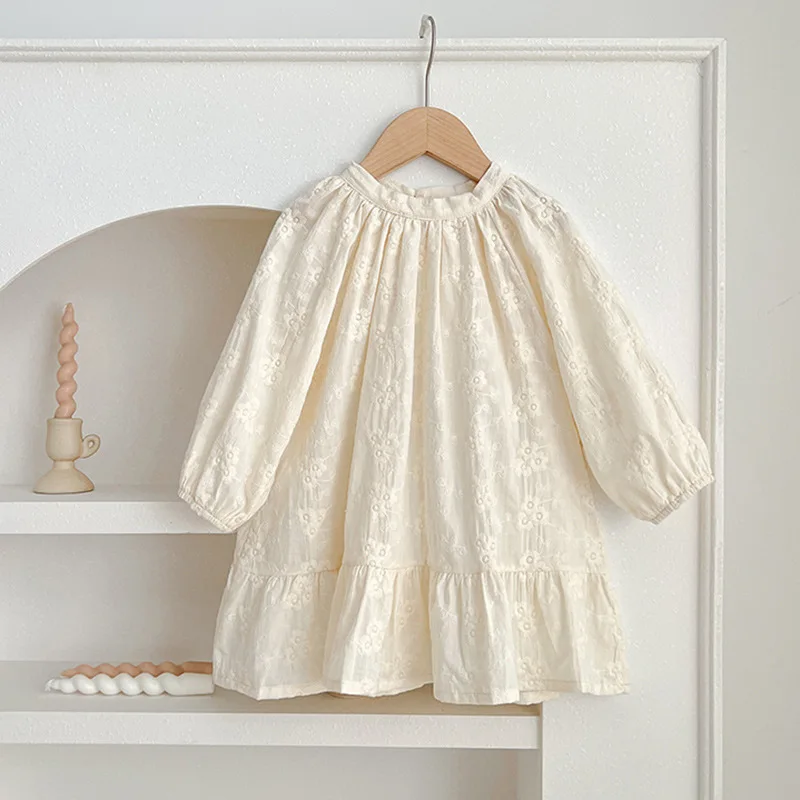 

2026 New Born Baby Girls Spring Dress Korean Style Long Sleeve Embroidery Princess Dress cream-white Color lace hallow vestidos