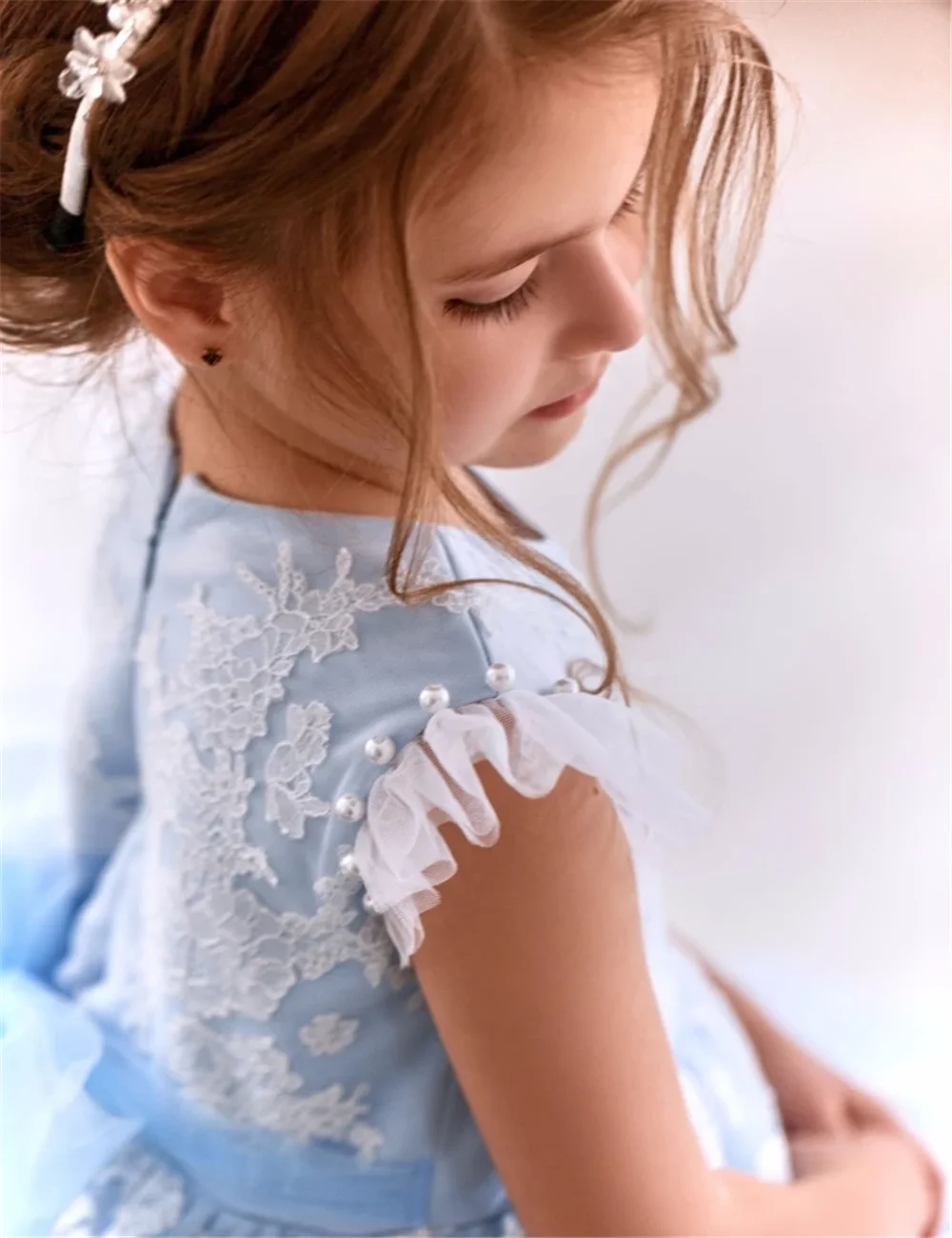 Flower Girl Dresses Blue Angel Tulle Appliques Pearl Sleeveless For Wedding Birthday Party Banquet Princess First Communion Gown