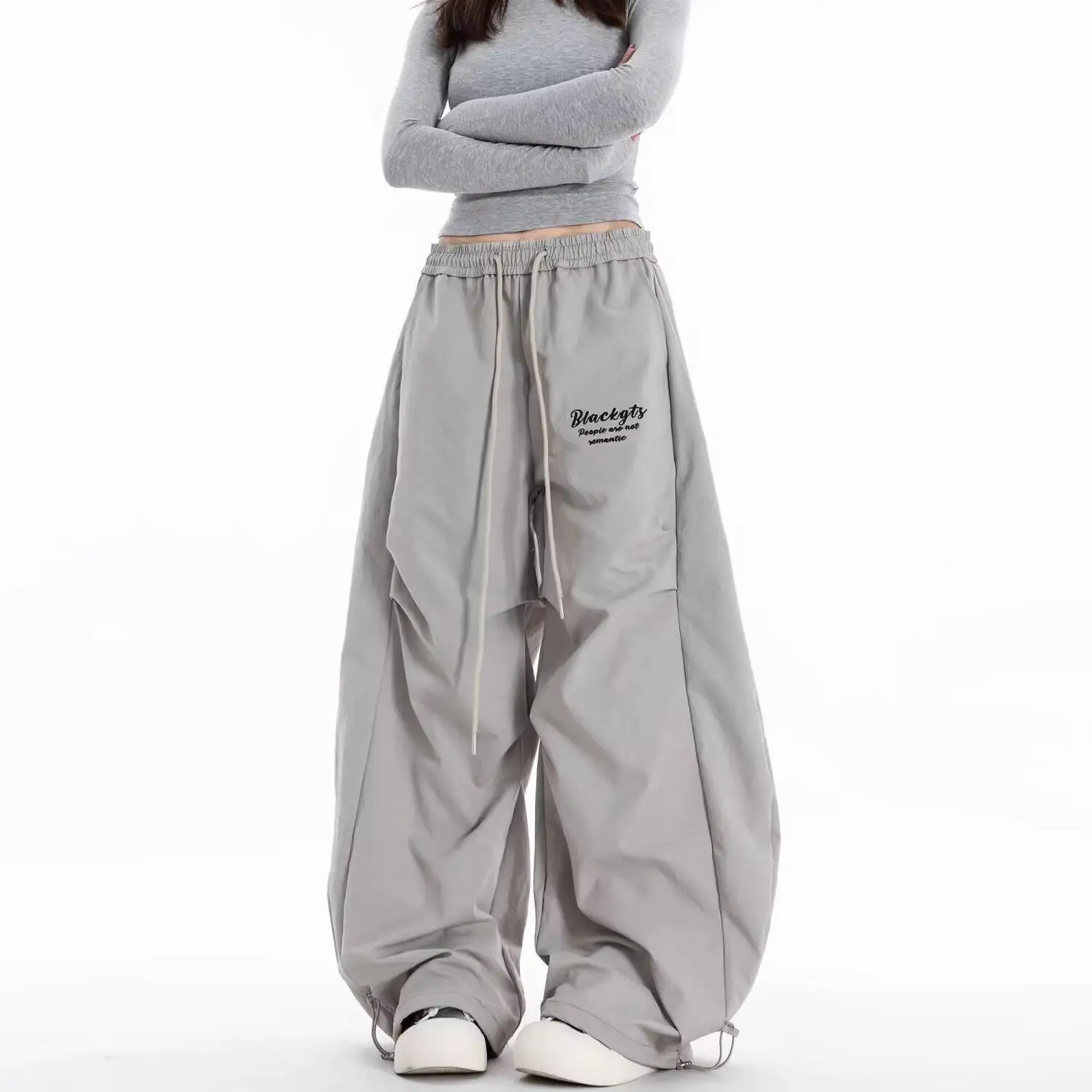 Casual Pleated Embroidered Drawstring Women's Pants High Waist Wide Leg Trousers Street Style Retro Hip Hop Long Pants