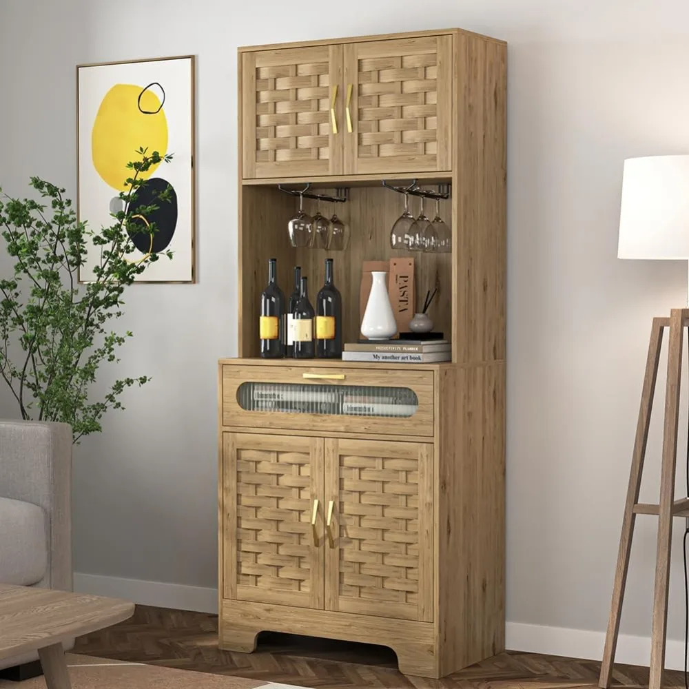 Home Bar Cabinet, Kitchen Cupboard with Built-in Outlet,  Gold Handles, Freestanding Liquor Cabinet for Dining Room