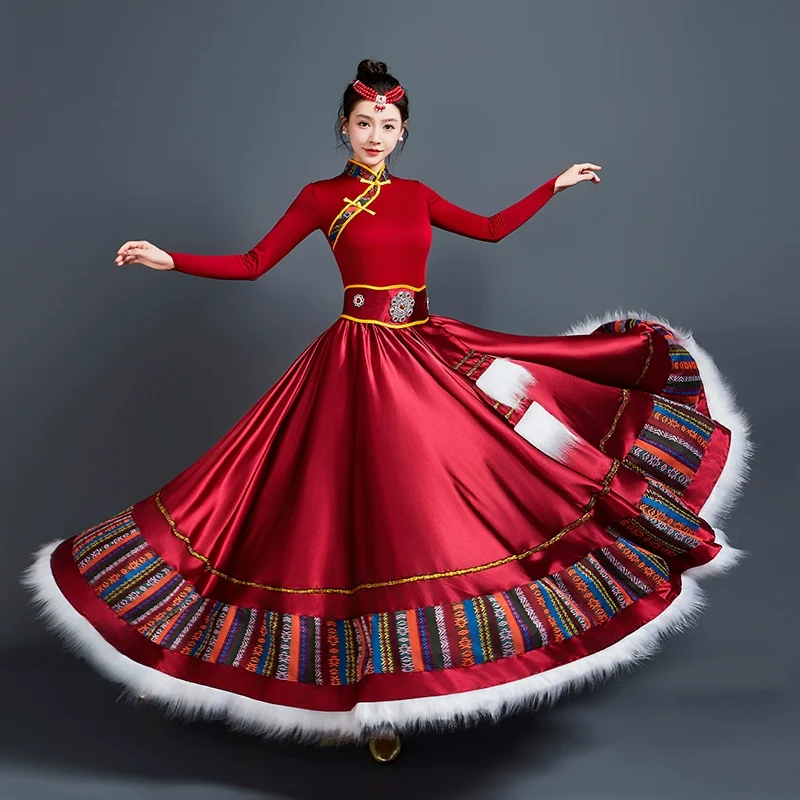 Strój do tańca tybetańskiego, dwuwarstwowa duża spódnica, chiński styl, etniczny strój do ćwiczeń tańca mongolskiego.