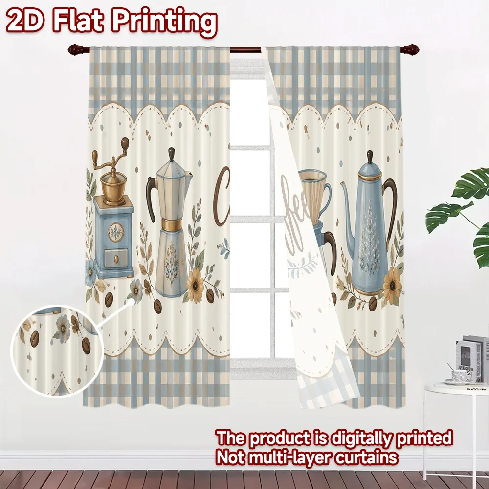 2D FLAT PRINTING 2pcs Curtains (Without Rod) Coffee Brewing Elements Popular Light Filtering Curtains Durable Polyester Curtains